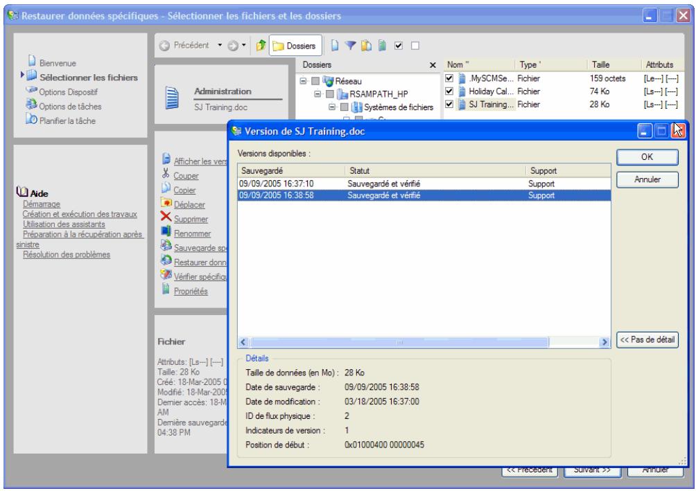 Restaurer données spécifiques - Sélectionner les fichiers et les dossiers Précédent Dossiers Bienvenue Sélectionner les fichiers Options Dispositif Options de tâches Planifier la tâche Administration SJ Training.doc Nom " Type ' Taille Attributs Réseau MySCMSe... Fichier 159 octets [Le-] [-] RSAMPAT…