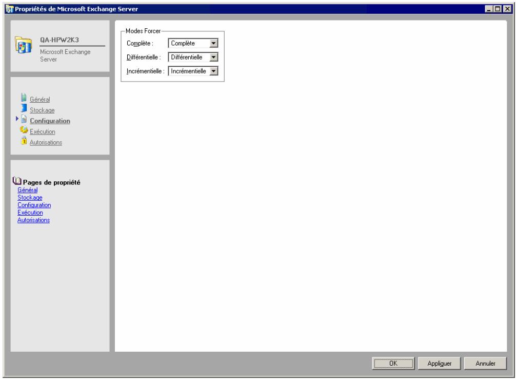 Propriétés de Microsoft Exchange Server QA-HPW2K3 Microsoft Exchange Server Général Stockage Configuration Exécution Autorisations Pages de propriété Général Stockage Configuration Exécution Autorisations Modes Forcer Complète : Complète Différentielle : Différentielle Incrémentielle : Incrémentiell…