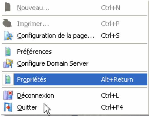 Nouveau... Ctrl+N Imprimer... Ctrl+P Configuration de la page... Ctrl+S Préférences Configure Domain Server Propriétés Alt+Return Déconnexion Ctrl+L Quitter Ctrl+F4