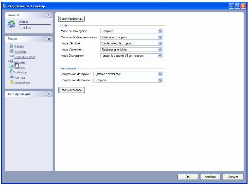 Propriétés de 1 backup Général Admin 1 backup Pages Général Sélection Dispositif/support Options Planning Historique Journaux Autorisations Aide dynamique Options du journal... Modes Mode de sauvegarde : Complète Mode de vérification automatique : Vérification complète Mode d'écriture : Ajouter à to…