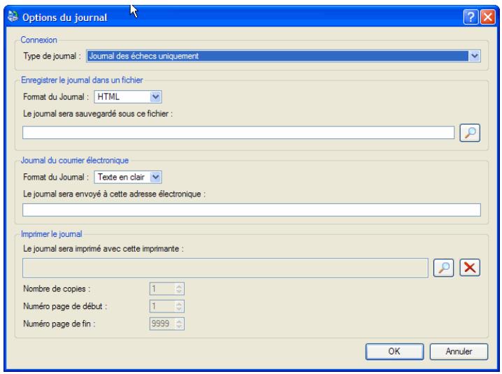 Options du journal Connexion Type de journal : Journal des échecs uniquement Enregistrer le journal dans un fichier Format du Journal : HTML Le journal sera sauvegardé sous ce fichier : Journal du courrier électronique Format du Journal : Texte en clair Le journal sera envoyé à cette adresse électro…