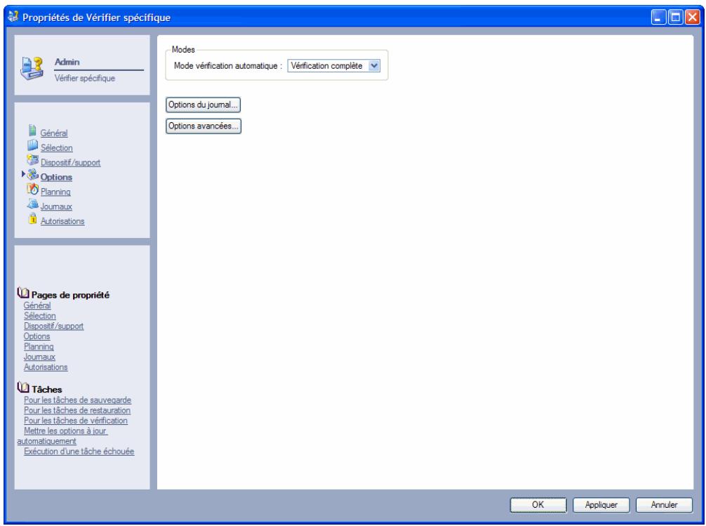 Propriétés de Vérifier spécifique Admin Vérifier spécifique Général Sélection Dispositif/support Options Planning Journaux Autorisations Pages de propriété Général Sélection Dispositif/support Options Planning Journaux Autorisations Tâches Pour les tâches de sauvegarde Pour les tâches de restauratio…