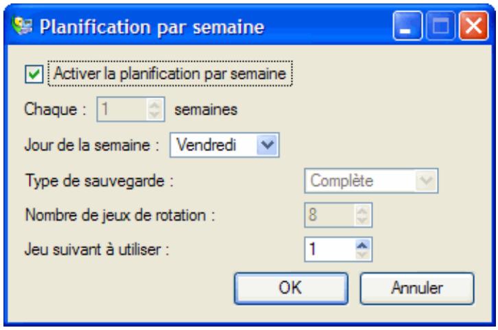 Planification par semaine ✓ Activer la planification par semaine Chaque : 1 semaines Jour de la semaine : Vendredi Type de sauvegarde : Complète Nombre de jeux de rotation : 8 Jeu suivant à utiliser : 1 OK Annuler