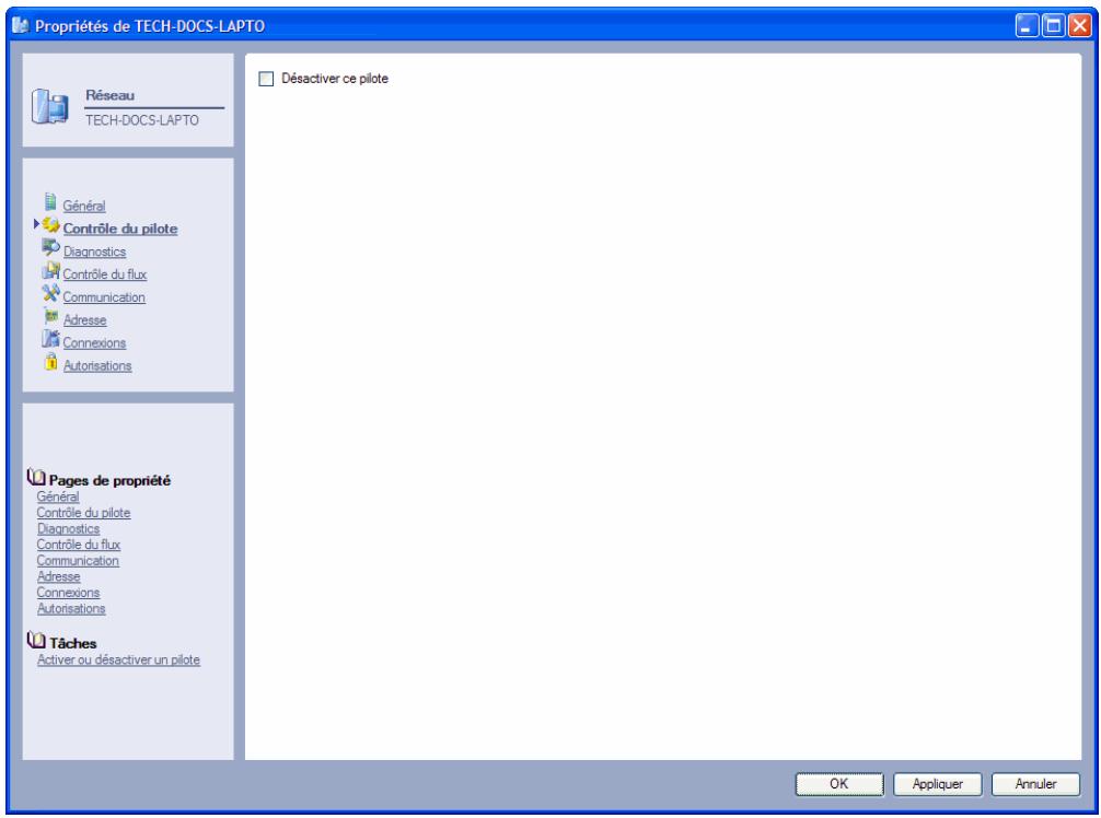 Propriétés de TECH-DOCS-LAPTO Réseau TECH-DOCS-LAPTO Général Contrôle du pilote Diagnostics Contrôle du flux Communication Adresse Connexions Autorisations Pages de propriété Général Contrôle du pilote Diagnostics Contrôle du flux Communication Adresse Connexions Autorisations Tâches Activer ou désa…