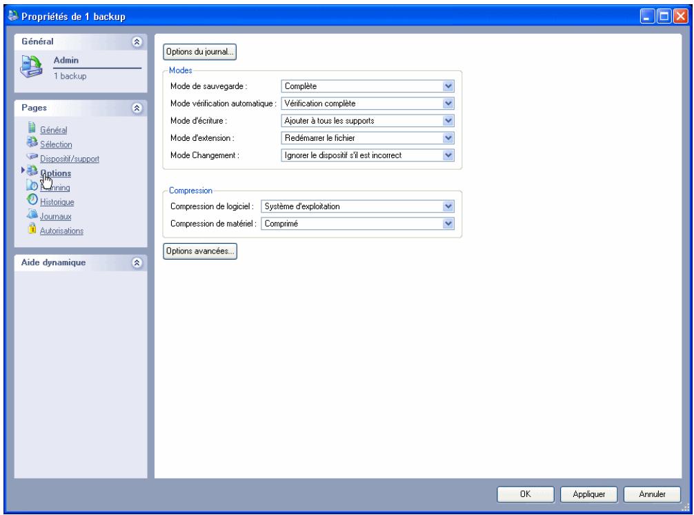 Propriétés de 1 backup Général Admin 1 backup Pages Général Sélection Dispositif/support Options Planning Historique Journaux Autorisations Aide dynamique Options du journal... Modes Mode de sauvegarde : Complète Mode vérification automatique : Vérification complète Mode d'écriture : Ajouter à tous…