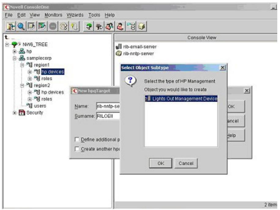 HP INTEGRATED LIGHTS-OUT 2 (ILO 2) STANDARD FIRMWARE - Exemple : Création et configuration d'objets d'annuaire destinés à être utilisés avec les périhériques LOM dans eDirectory - 2