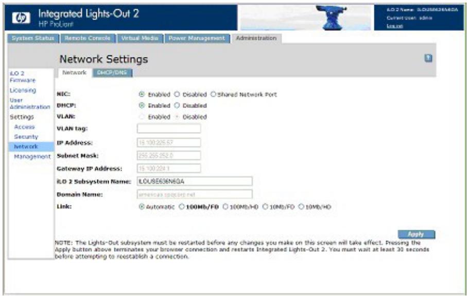 HP INTEGRATED LIGHTS-OUT 2 (ILO 2) STANDARD FIRMWARE - Network Settings (Paramètres réseau) - 1