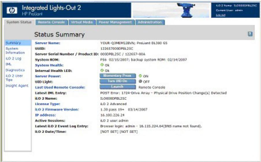 HP INTEGRATED LIGHTS-OUT 2 (ILO 2) STANDARD FIRMWARE - État du système et informations sur l'etat du système - 1