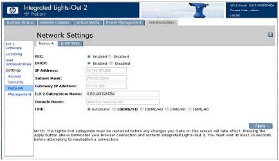 HP INTEGRATED LIGHTS-OUT (ILO 2) FEATURING ILO ADVANCED PACK - Network Settings (Paramètres réseau) - 1