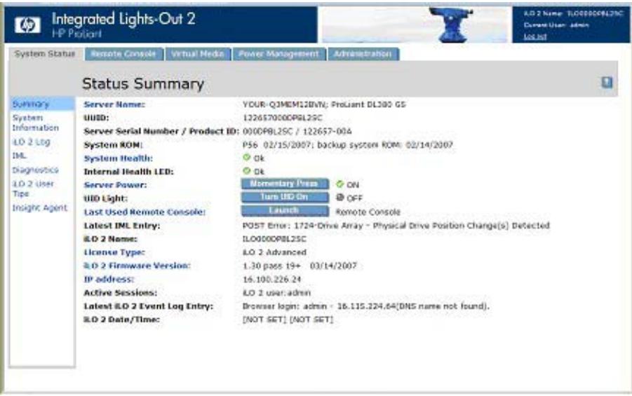 HP INTEGRATED LIGHTS-OUT (ILO 2) FEATURING ILO ADVANCED PACK - État du système et informations sur l'état du système - 1