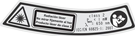 Radiación láser No mirar fijamente al haz Producto láser de clase 2 class 2 Pbas < 1 mW λ = 650 nm IEC/EN 60825-1: 2007
