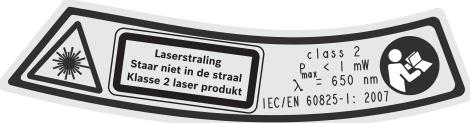 Laserstraling Staar niet in de straal Klasse 2 laser produkt class 2 p_max < 1 mW λ = 650 nm IEC/EN 60825-1: 2007