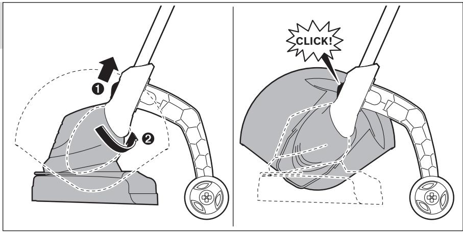 Diagram illustrating a mechanical or robotic manipulation process with labeled steps and a 'CLICK!' callout.