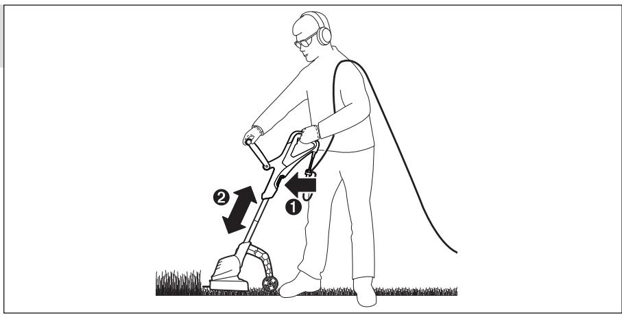 Diagram illustrating the working principle of a lawn mower, showing two directional arrows labeled ① and ②.