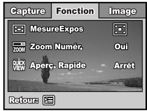 Capture Fonction Image MesureExpos Zoom Numér. Oui Quick View Aperc. Rapide Arrêt Retour: