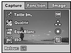 Capture Taille Im. Qualité WB Équi Blanc ISO ISO 5M ★ ★ ISO 100 Retour:
