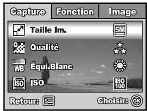 Capture Fonction Image Taille Im. Qualité WB Équil Blanc ISO ISO ISO 100 Retour: Choisir: