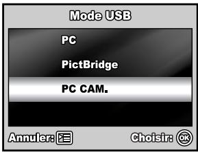 Mode USB PC PictBridge PC CAM. Annuler: E Choisira: OK