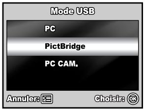 Mode USB PC PictBridge PC CAM. Annuler: E Choisir: OK