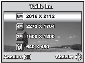 Taille Im 6M 2816 X 2112 4M 2272 X 1704 2M 1600 X 1200 1.3 M 640 X 480 Annuler: EE Choisir: OK