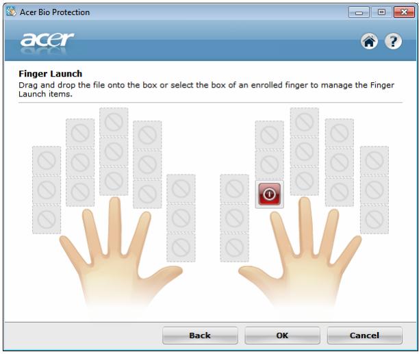 Acer Bio Protection Finger Launch Drag and drop the file onto the box or select the box of an enrolled finger to manage the Finger Launch items. Back OK Cancel