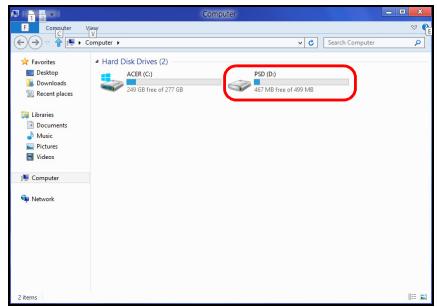 Computer View Search Computer Computer Favorites Desktop Downloads Recent places Libraries Documents Music Pictures Videos Computer Network Hard Disk Drives (2) ACR (C:) 249 GB free of 277 GB PSD (D:) 487 MB free of 499 MB 2 Items
