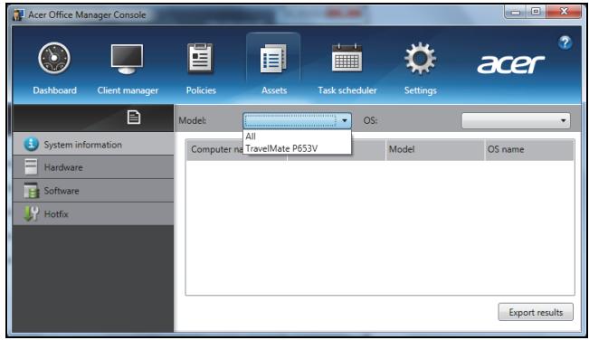 Acer Office Manager Console Dashboard Client manager Policies Assets Task scheduler Settings acer Model: All OS: Computer at TravelMate P653V Model OS name System information Hardware Software Hotfix Export results