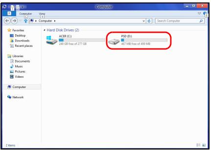 Computer View Computer Search Computer Favorites Desktop Downloads Recent places Libraries Documents Music Pictures Videos Computer Network Hard Disk Drives (2) ACER (C) 248 GB free of 277 GB PSD (D) 467 MB free of 499 MB Rents