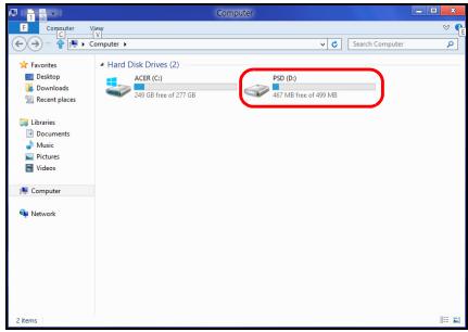 Computer Favorites Desktop Downloads Recent places Libraries Documents Music Pictures Videos Computer Network Hard Disk Drives (2) ACR (C) 240 GB free of 277 GB PSD (D) 487 MB free of 499 MB Bomms