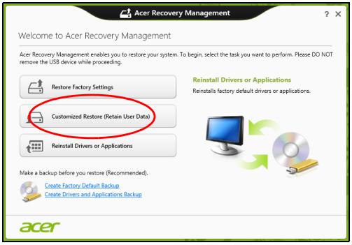 ACER ASPIRE E1-531-B9606G75MNKS - Настраиваемое восстановление при помощи приложения Acer Recovery Management - 1
