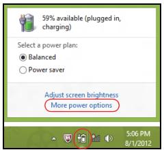 59% available (plugged in, charging) Select a power plan: ● Balanced ○ Power saver Adjust screen brightness More power options 5:06 PM 8/1/2012