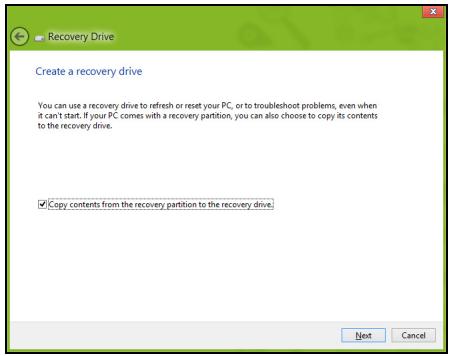 Recovery Drive Create a recovery drive You can use a recovery drive to refresh or reset your PC, or to troubleshoot problems, even when it can't start. If your PC comes with a recovery partition, you can also choose to copy its contents to the recovery drive. ✓Copy contents from the recovery partition to the recovery drive. Next Cancel