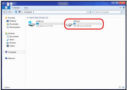 Computer View Computer Search Computer Favorites Desktop Downloads Recent places Libraries Documents Music Pictures Videos Computer Network Hard Disk Drives (2) ACER (c) 249 GB free of 277 GB PSD (b) 467 MB free of 499 MB 8 items