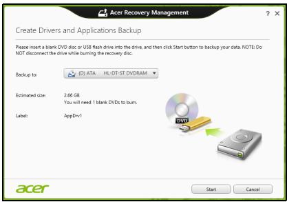 ACER ASPIRE V3-771-32348G75MAKK - Klikk på Lag sikkerhetskopi av drivere og applikasjoner. - 2