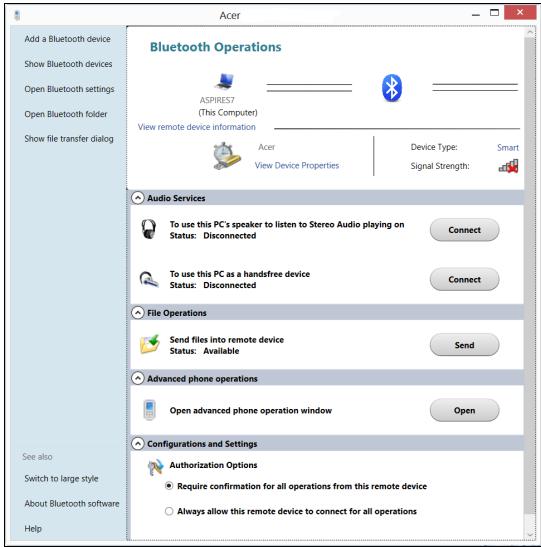 ACER ASPIRE V5-571PG-53334G75MAK - Toimintoikkunassa voit toistaa musiikkia ja aantä laitteeltasi tietokoneen kautta, lahettä tiedostoja laitteelle ja muuttaa Bluetooth-asetuksia. - 1