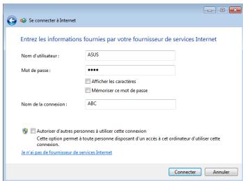 ASUS EEE PC 1225C - Saisissez votre nom d'utilisateur, mot de passe et nom de la connexion. Cliquez ensuite sur Connecter. - 1