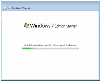 Configure Windows Windows 7 Édition Starter L'installation continues après le redémarrage de l'ordinateux.