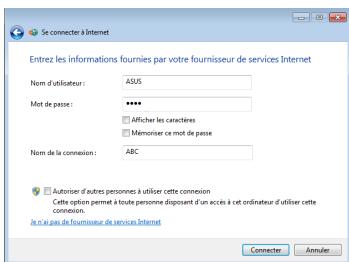 ASUS EEE PC R11CX - Saisissez votre nom d'utilisateur, mot de passe et nom de la connexion. Cliquez ensuite sur Connecter. - 1