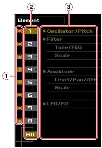 YAMAHA MOTIF XF7 EDITOR - Element (Élément) ou Drum Key (Touché de batterie) - 1