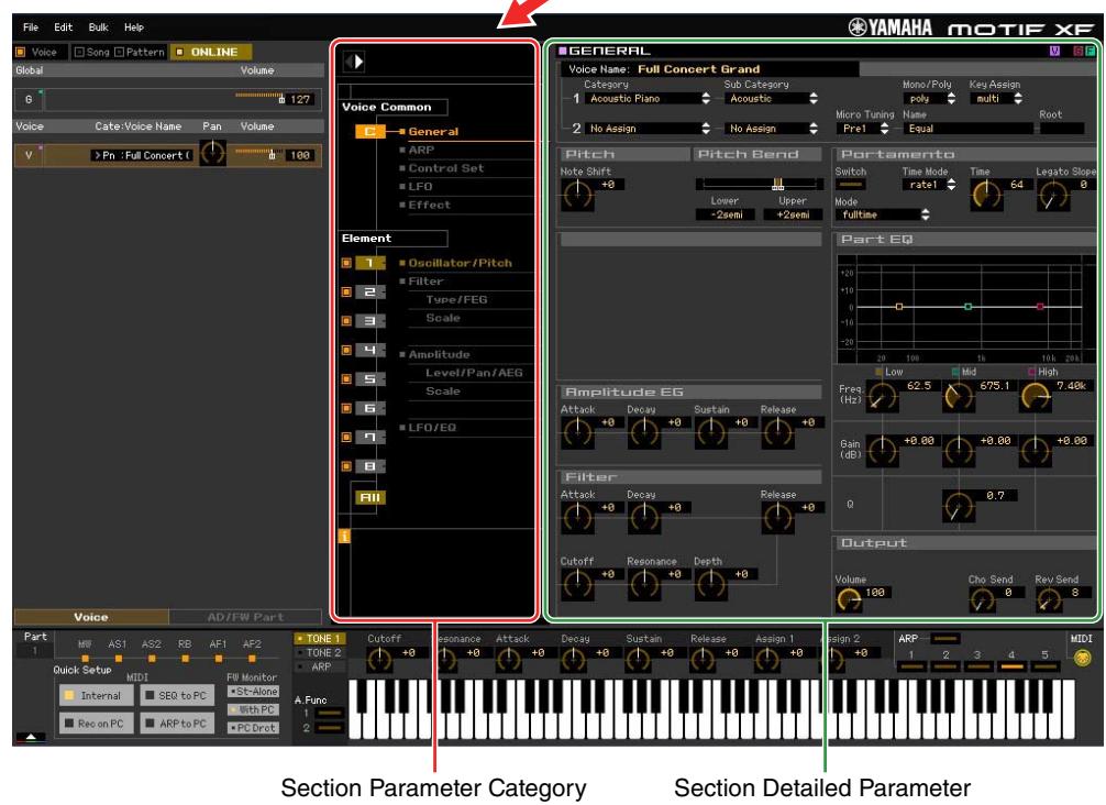 YAMAHA MOTIF XF7 EDITOR - Section Parameter Category (lorsque le mode Voice/Song/Pattern est réglé sur « Voice ») - 2