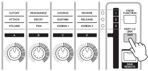 YAMAHA MX49 - Appuyez sur [PART 1-2 LINK] pour désir si les fonctions des boutons seront appliquées à la fois aux parties 1 et 2 (on) ou seulement à la partie sélectionnée (off). - 1