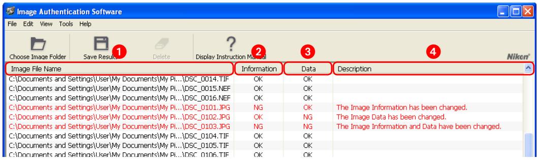 NIKON LOGICIEL D-AUTHENTIFICATION D-IMAGE - Réorganisation des résultats de la vérification - 1