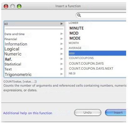 APPLE NUMBERS - To add a function using the Function Browser: - 1
