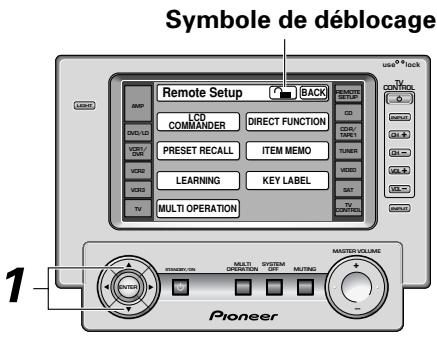 Symbole de déblocage user® back Remote Setup BACK CD COMMANDER DIRECT FUNCTION PRESET RECALL ITEM MEMO LEARNING KEY LABEL SAT TV CONTROL 1 Pioneer MULTI OPERATION SYSTEM ON MATERIALS OF ON MACHINE MASTER VOLUME