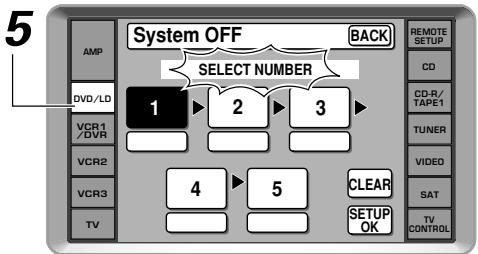 System OFF BACK SELECT NUMBER 1 2 3 4 5 CLEAR SETUP OK AMP DVD/LD VCR1 /DVR VCR2 VCR3 TV REMOTE SETUP CD CD-R/ TAPE1 TUNER VIDEO SAT TV CONTROL