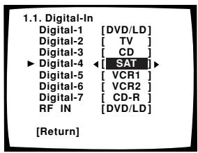 1.1. Digital-In Digital-1 [DVD/LD] Digital-2 [TV] Digital-3 [CD] ► Digital-4 ←[SAT] Digital-5 [VCR1] Digital-6 [VCR2] Digital-7 [CD-R] RF IN [DVD/LD] [Return]
