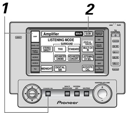 1 2 AMP MAIN SUB REMOTE SETTUM CD VCC/DVD VCC/DVD VCC/R VCC/R SUNDO STEREO DIRECT THX STANDARD MULTI CH IN LUSTENING CH SEL ACQUISIC CAL TV CONTROLS TV CONTROLS TUNER VIDEO SAT MATERIALS PIONEER MULTI OPDATION OFF MUTTING MASTED VOLUME