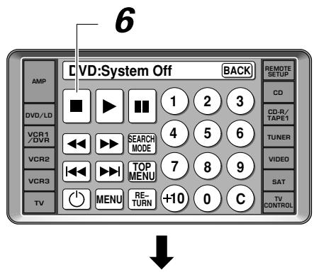6 DVD:System Off BACK AMP DVD/LD VCR1/DVR VCR2 VCR3 TV MENU RE-TURN +10 0 C 1 2 3 4 5 6 7 8 9 REMOTE SETUP CD CD-R/TAPE1 TUNER VIDEO SAT TV CONTROL