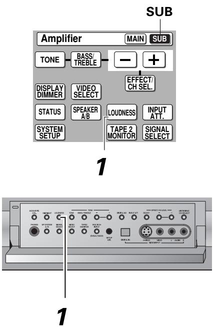 SUB Amplifier MAIN SUB TONE BASS/ TREBLE - + DISPLAY DIMMER VIDEO SELECT STATUS SPEAKER A/B LOUDNESS INPUT ATT. SYSTEM SETUP TAPE 2 MONITOR SIGNAL SELECT 1 1