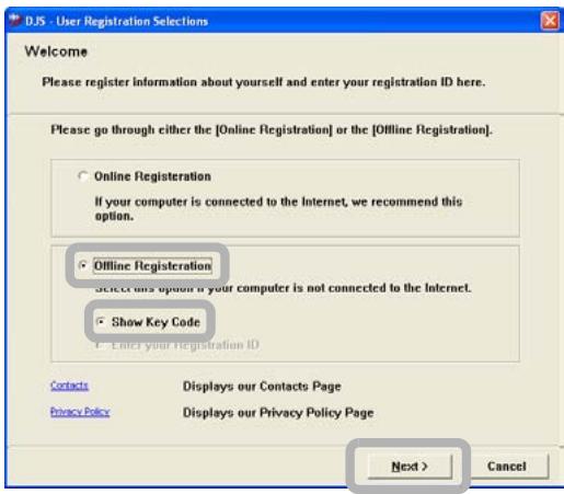 PIONEER DJS - After clicking [Offline Registration] and [Show Key Code], click the [Next] button. - 1